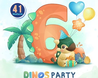 Doodle boy dinosaur birthday party with numbering digital clipart collection.
