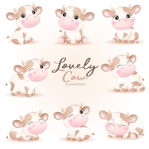 Jolies poses de clipart de vache griffonnage avec ensemble d’illustrations à l’aquarelle