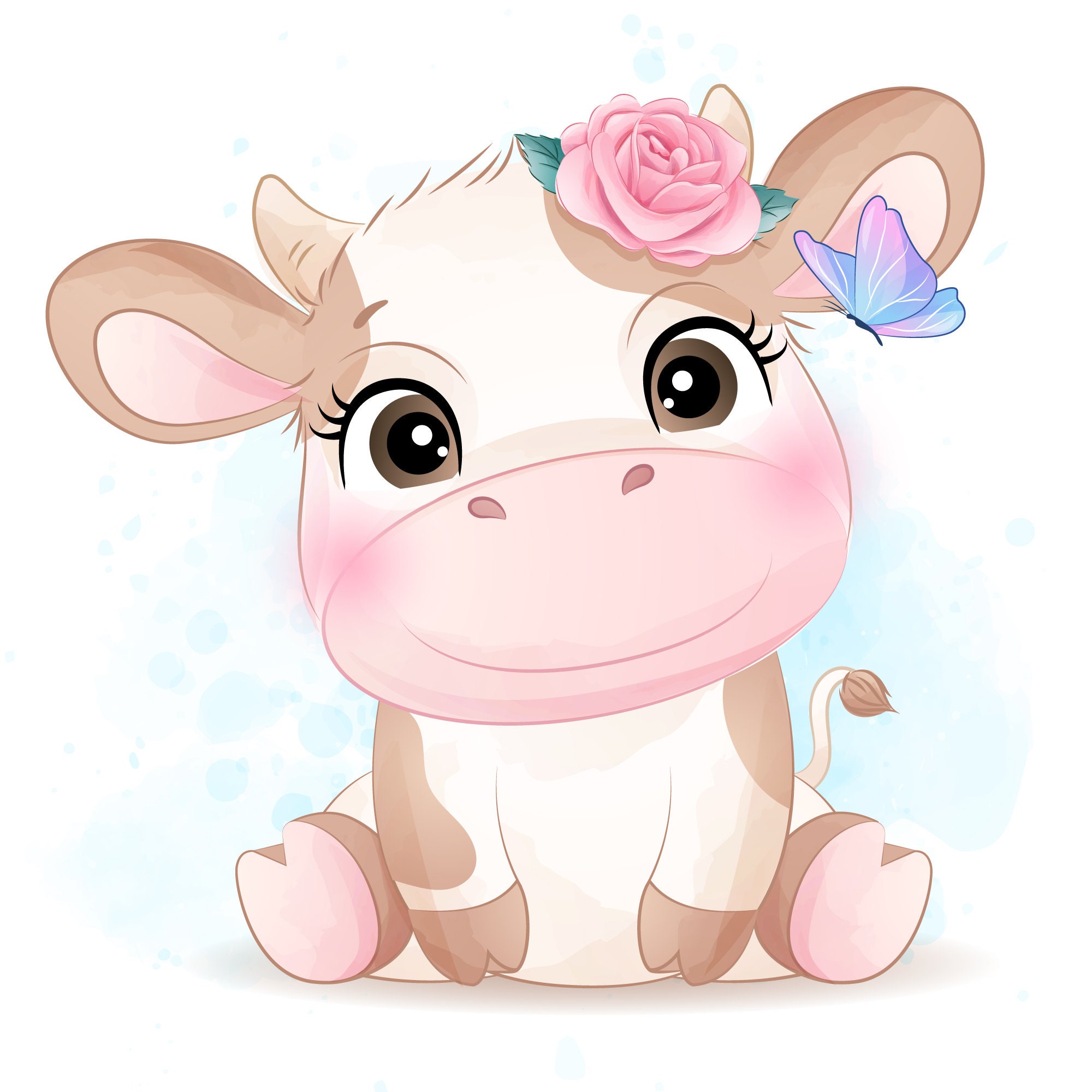 Cute doodle cow clipart with watercolor illustration
