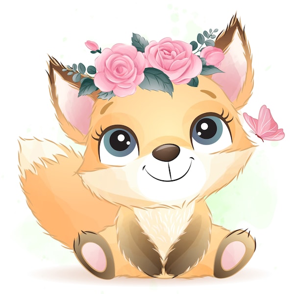 Cute little fox clipart with watercolor illustration