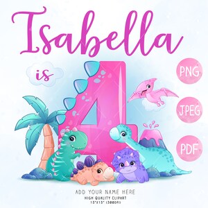 Custom Name with Adorable Dinosaurs Girl Birthday Number 4 Digital Clipart, PNG, JPEG and PDF format.