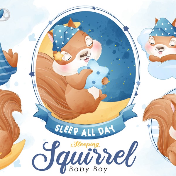 Cute doodle sleeping squirrel digital clipart collection