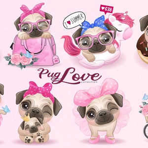 Cute pug love clipart with watercolor illustration