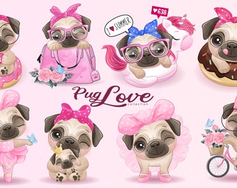 Cute pug love clipart with watercolor illustration