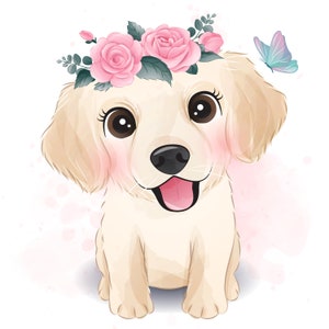 Lindo pequeño golden retriever con ilustración floral