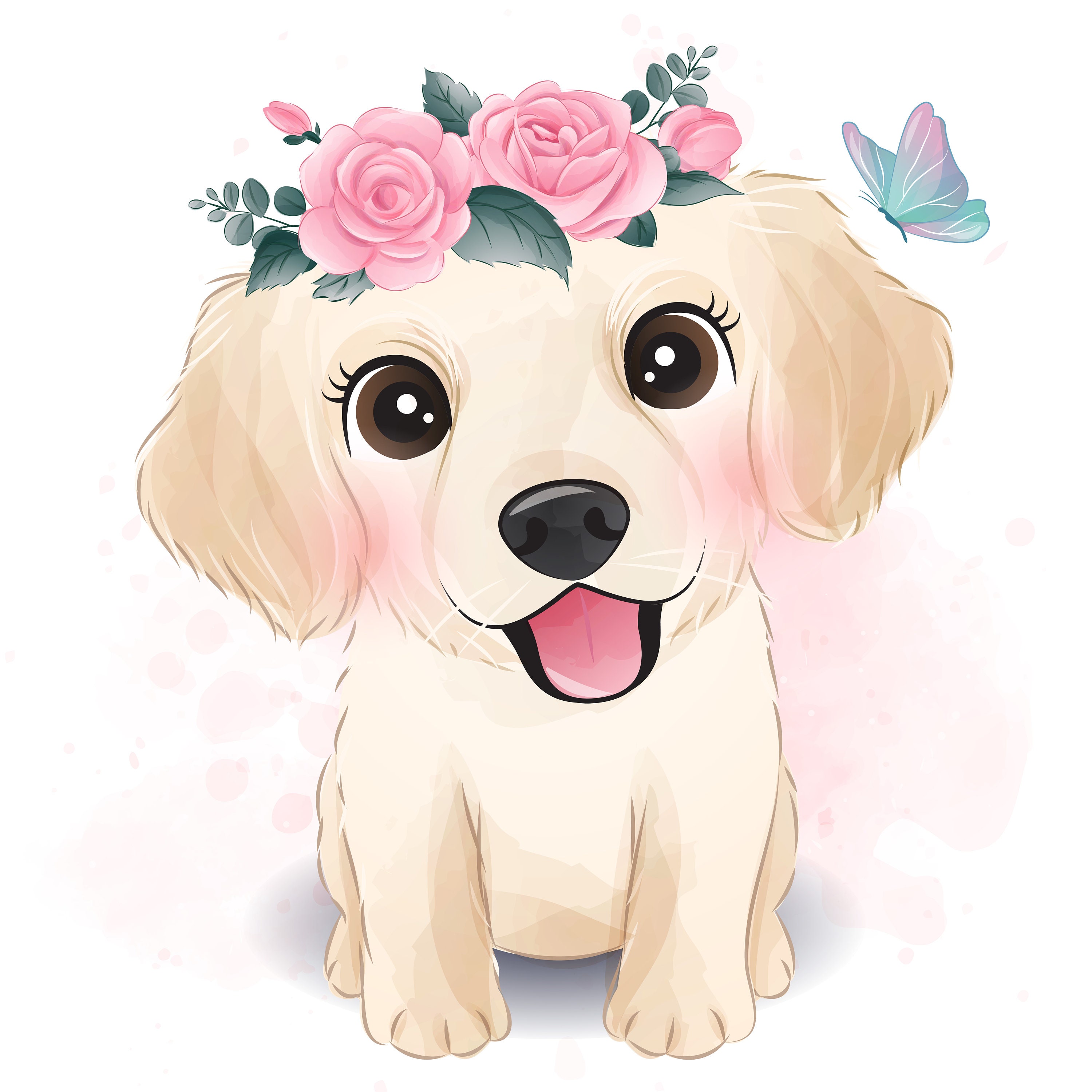 Cute little golden retriever with floral illustration