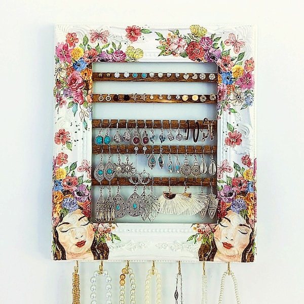 Wall Hanging Jewelry Frame/ Hanging Earring Organizer/ Necklace and Earring Holder/ Jewelry Cabinet/ Earring Organization/ Jewelry Display