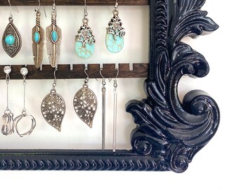Large Black Ornate Wood Earring Organizer, Wall Mount Jewelry Display