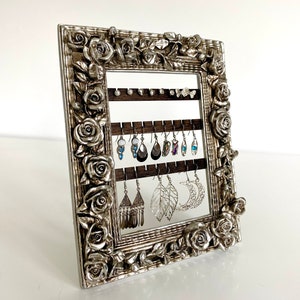 Free Standing Earring Holder, Silver Earring Organizer, Tabletop Jewelry Organizer , Earring Display, Vintage Frame Jewelry Organization