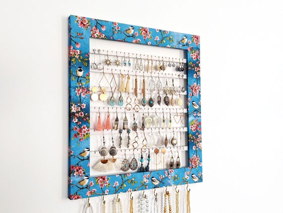 Wooden Hanging Jewelry Organizer Wall Mounted Necklace Earrings Display  Stand Ear Studs Holder Storage Rack Home