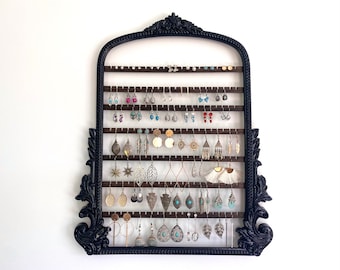 Large Black Ornate Wood Earring Organizer, Wall Mount Jewelry Display