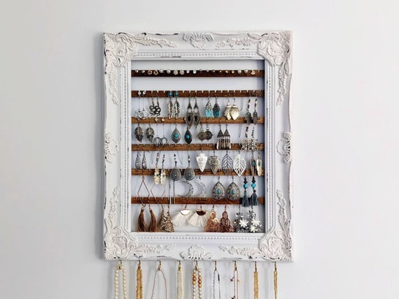 Distressed White Wall Hanging Earring Organizer Wall Jewelry