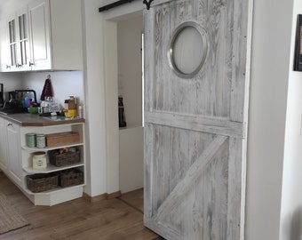 Tür, Schiebetür,Bullaugentür, Stalltür, shabby-chic weiß, inkl. Rollen & Schiene