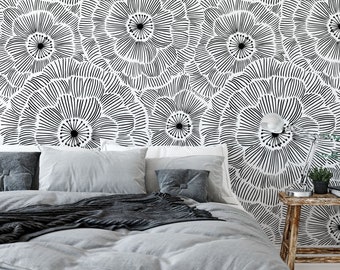 Minimalist Removable Wallpaper. Floral Wallpaper. Black and White Floral Peel and stick Wallpaper. Self-adhesive Wallpaper. 303