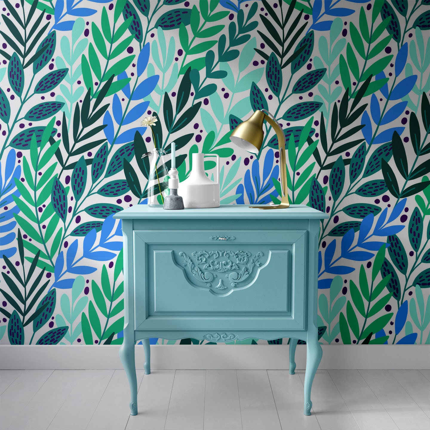 Flower Wallpaper. Blue Green Leaves Selfadhesive Removable Etsy