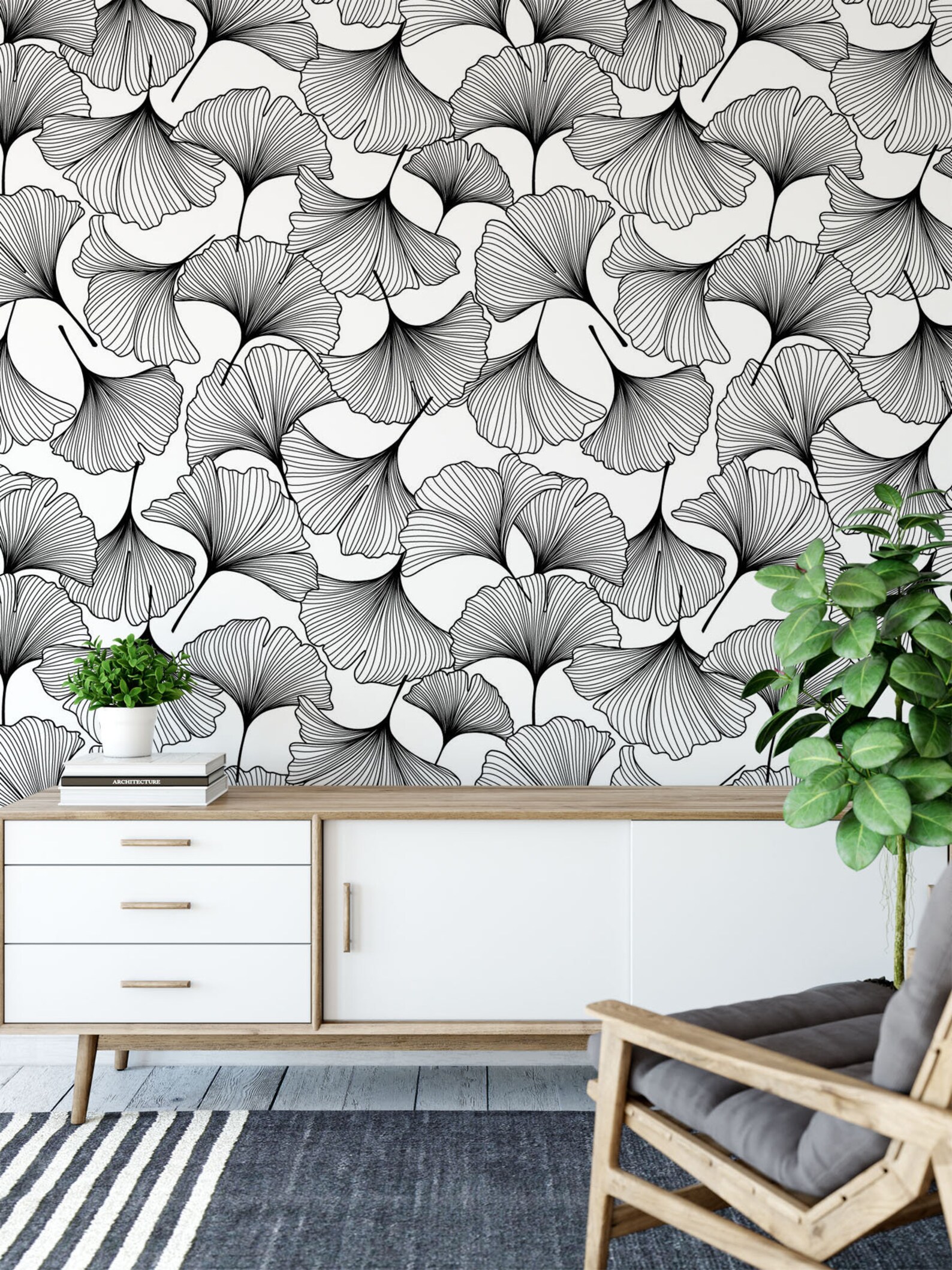 Ginkgo Leaves Peel and Stick Wallpaper. Black and White Etsy Canada
