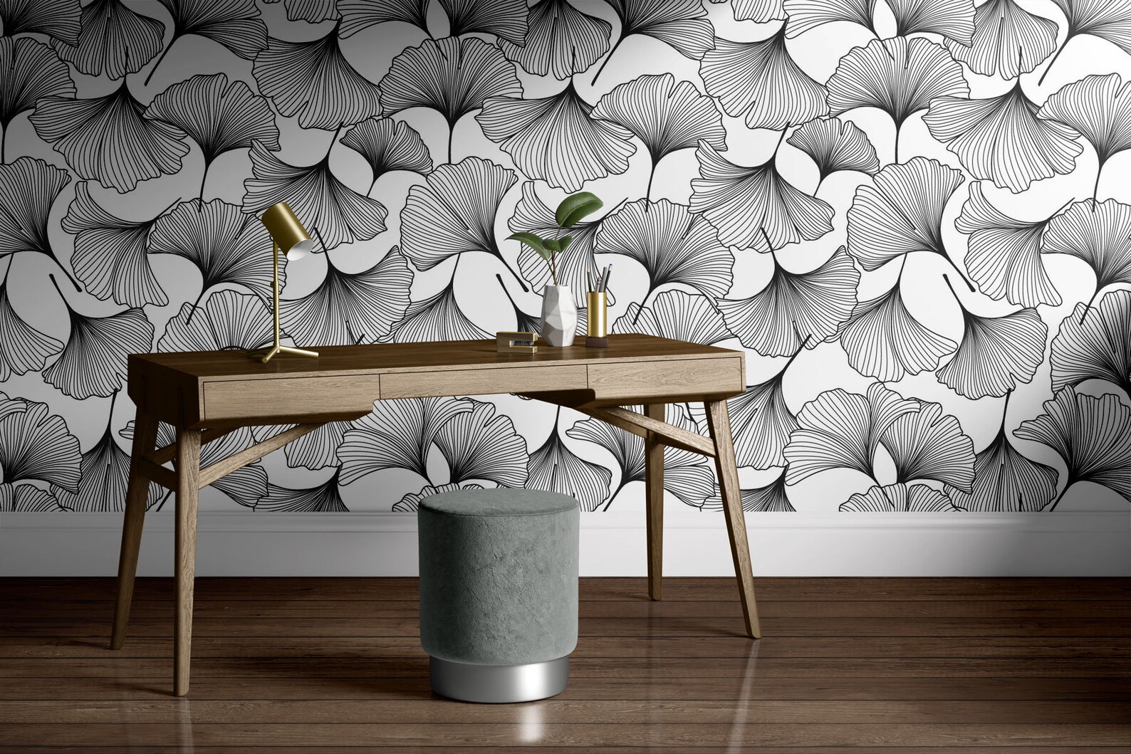Ginkgo Leaves Peel and Stick Wallpaper. Black and White Etsy Canada