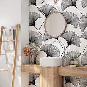 Ginkgo Leaves Peel and stick Wallpaper. Black and White Removable Wallpaper. Ginkgo Leaf Self-adhesive Wallpaper. 157