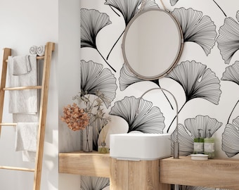 Ginkgo Leaves Peel and stick Wallpaper. Black and White Removable Wallpaper. Ginkgo Leaf Self-adhesive Wallpaper. 157