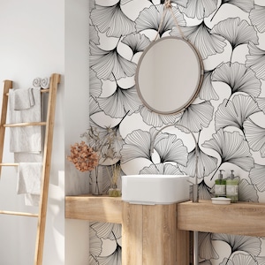 Ginkgo Leaves Peel and stick Wallpaper. Black and White Removable Wallpaper. Ginkgo Leaf Self-adhesive Wallpaper. 375