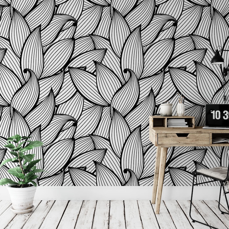 Minimalist Removable Wallpaper. Floral Wallpaper. Black and | Etsy