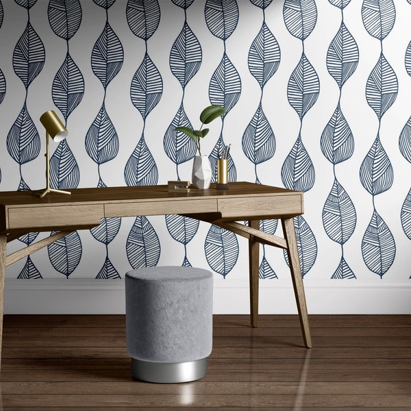 Minimalist Removable Wallpaper. Navy and White Abstract Leaves Peel and stick Wallpaper. Self-adhesive Wallpaper. 115