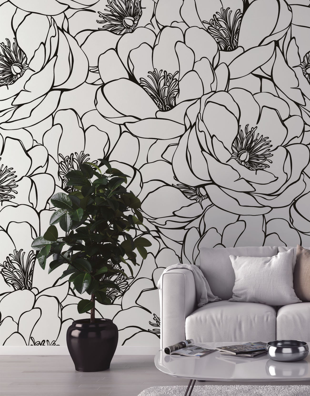 Flower Wall Mural Removable. Minimalist Wallpaper Design. Peel Etsy