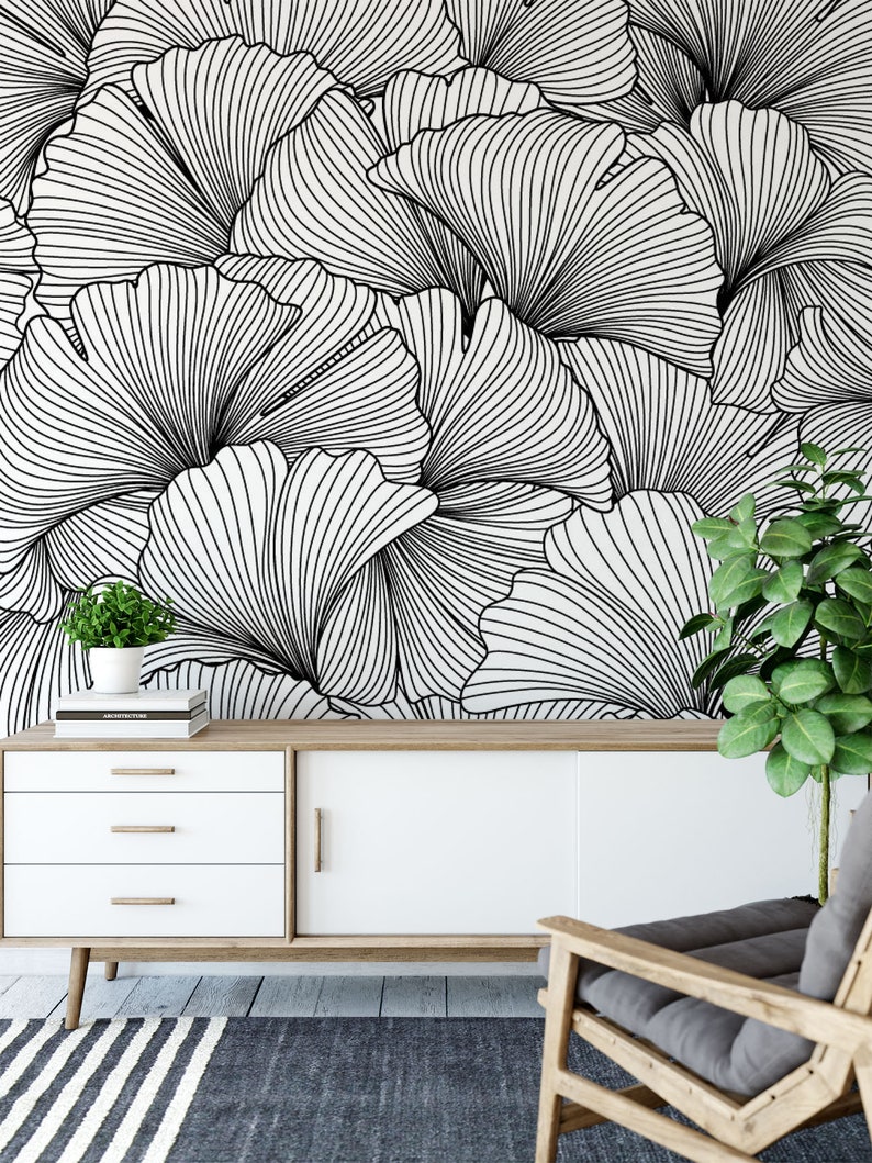 Ginkgo Leaves Peel and Stick Wallpaper. Black and White Etsy