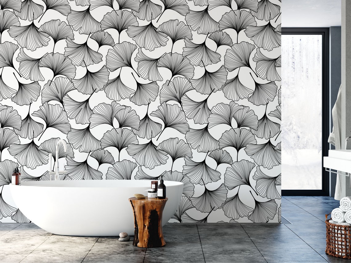Ginkgo Leaves Peel and Stick Wallpaper. Black and White Etsy