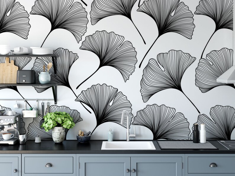 Ginkgo Leaves Peel and stick Wallpaper. Black and White Etsy