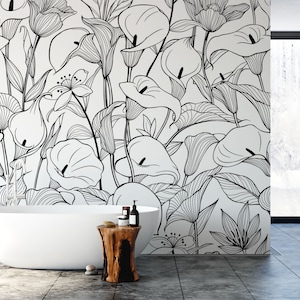 Calla Lily Flower Wallpaper. Self-adhesive Removable Wallpaper. Black and White Floral Wallpaper. Wall Mural. Peel and stick Wallpaper. 277B