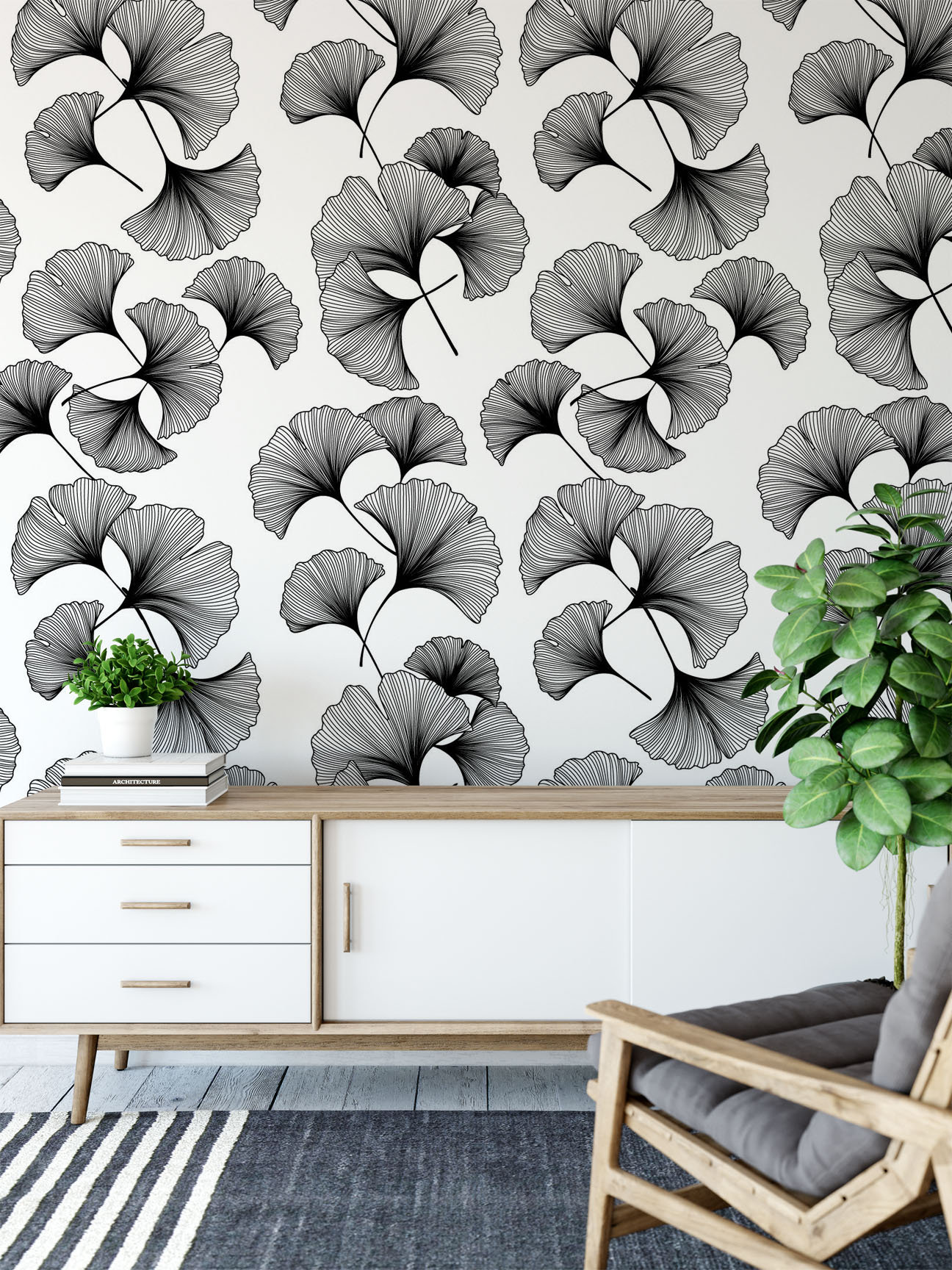 Ginkgo Leaves Peel and stick Wallpaper. Black and White | Etsy