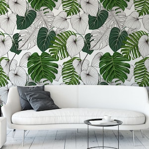 Tropical Removable Wallpaper. Palm Monstera leaves Wallpaper. Modern Wallpaper. Peel and stick Wallpaper. Self-adhesive Wallpaper. 093