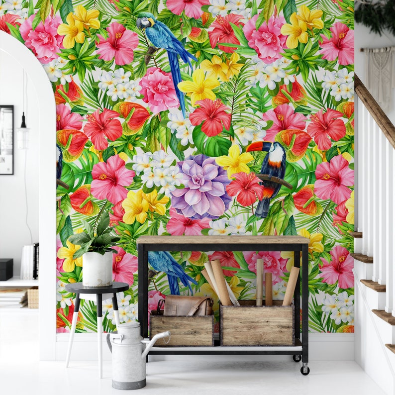 Tropical Removable Wallpaper. Kids Room Wallpaper. Parrot | Etsy