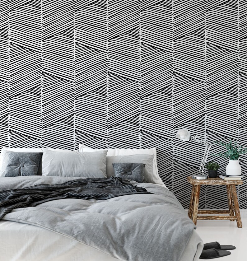 Minimalist Removable Wallpaper. Geometric Wallpaper. Black and Etsy