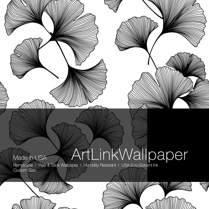 Ginkgo Leaves Peel and stick Wallpaper. Black and White | Etsy