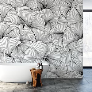 Ginkgo Leaves Peel and stick Wallpaper. Black and White Removable Wallpaper. Ginkgo Leaf Self-adhesive Wallpaper. 383