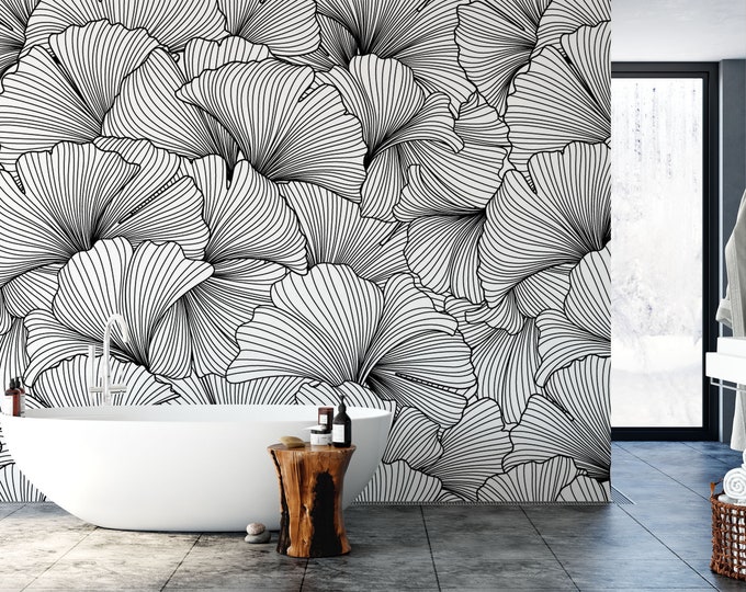 Ginkgo Leaves Peel and Stick Wallpaper. Black and White Etsy