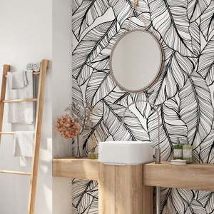 Tropical Removable Wallpaper. Banana Leaves Wallpaper. Black and White Banana Leaf Peel and stick Wallpaper. Self-adhesive Wallpaper. 415