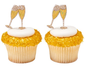 12 Gold Champagne Flutes Glasses Cup Cake Pick Topper Engagement Wedding Bridal Shower Party Cake Decoration