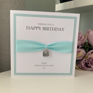 Personalised Mens or ladies luxury Birthday card with cake charm Duck Egg Blue
