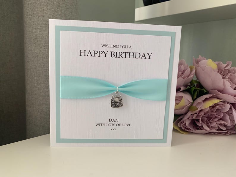 Personalised Mens or ladies luxury Birthday card with cake charm Duck Egg Blue