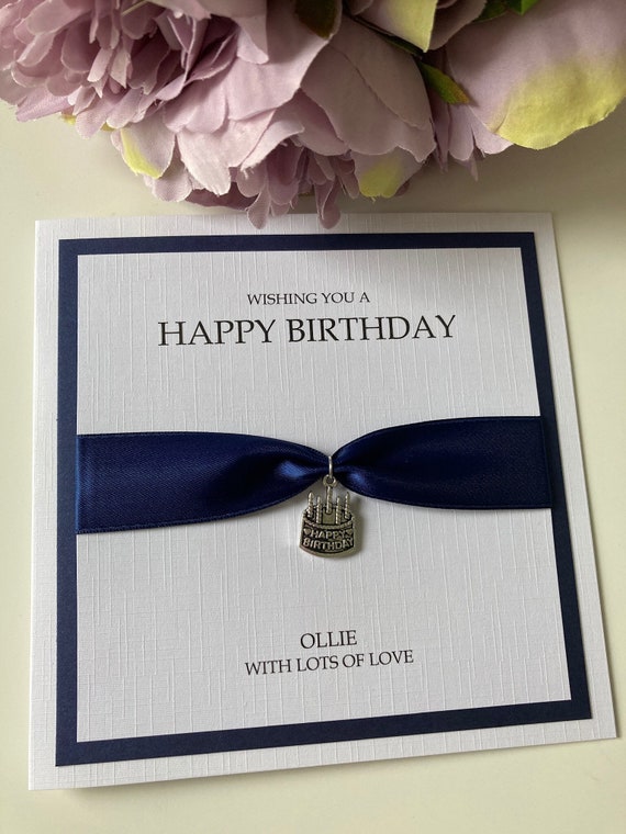 Personalised Mens or ladies luxury Birthday card with cake charm