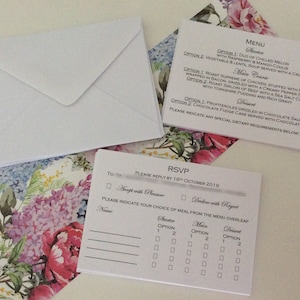 RSVP Cards for Wedding with menu choices fully personalised including envelopes