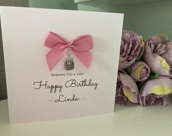 Luxury Personalised Birthday card with bow in a choice of colours and cake charm