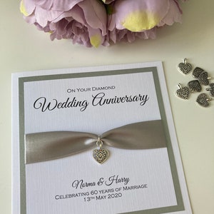 Luxury Wedding Anniversary card with heart charm, personalised and in a Choice Of Colours