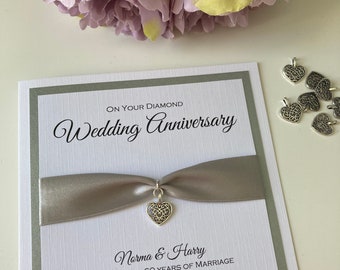 Luxury Wedding Anniversary card with heart charm, personalised and in a Choice Of Colours