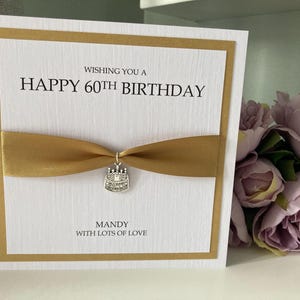 Personalised Mens or ladies luxury Birthday card with cake charm Gold