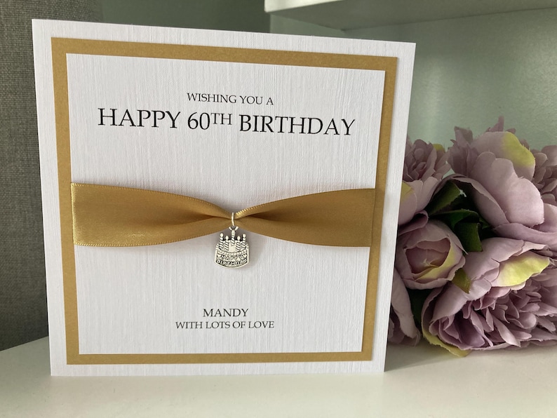 Personalised Mens or ladies luxury Birthday card with cake charm Gold