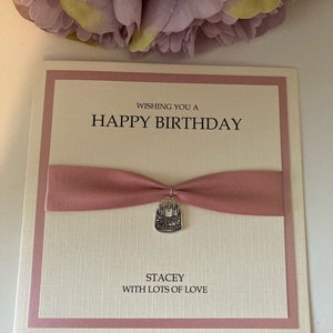 Personalised Mens or ladies luxury Birthday card with cake charm Dusky pink